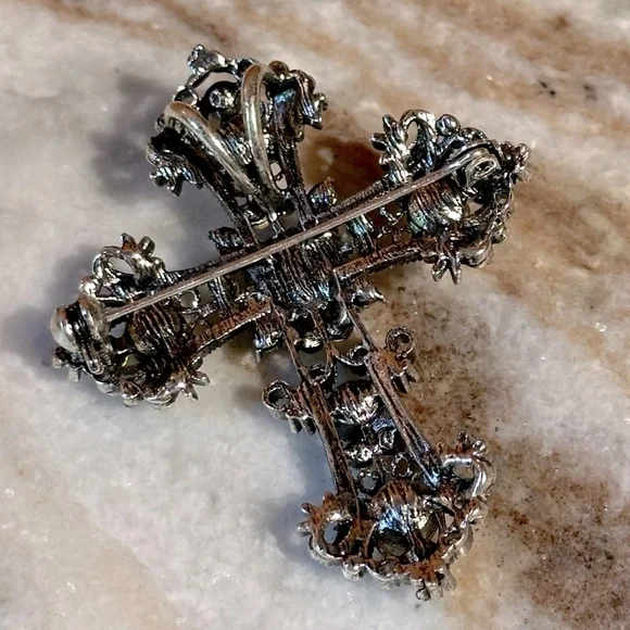 Rhinestone AB Crystals Victorian Baroque Cross Pendant Brooch Silver Finish - Picture 4 of 7